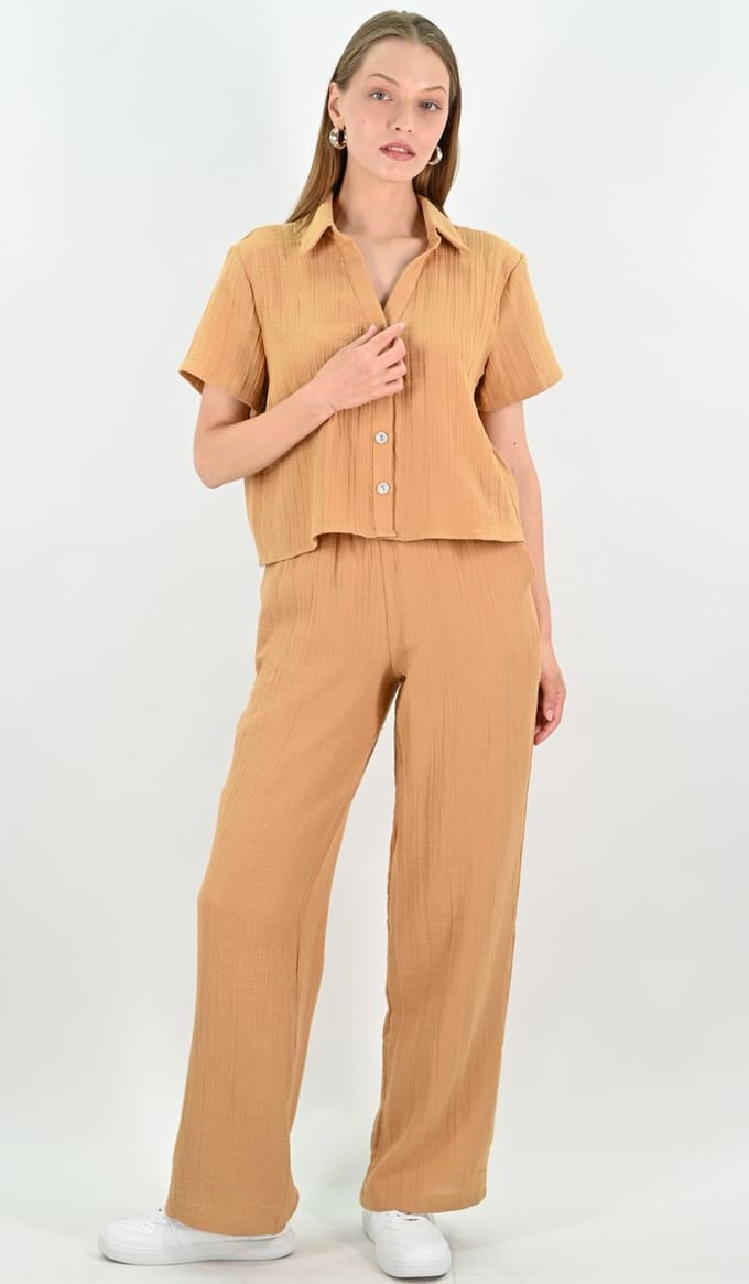 YesMooi - Blouse van 100% Katoen met korte mouwen - Camel - M (38)