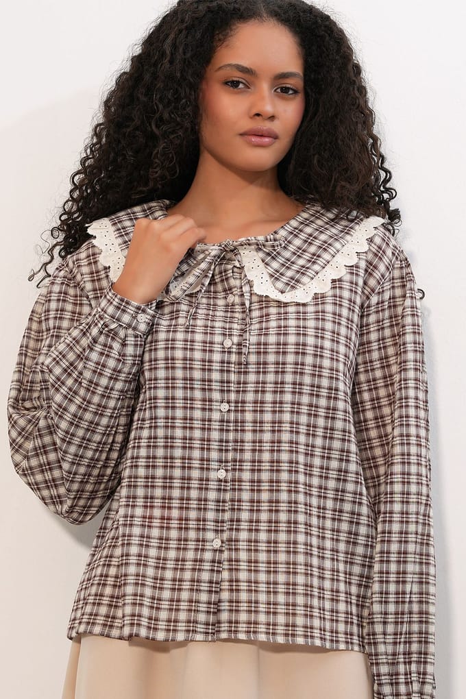 Dames Geruite Viscose Poplin Blouse