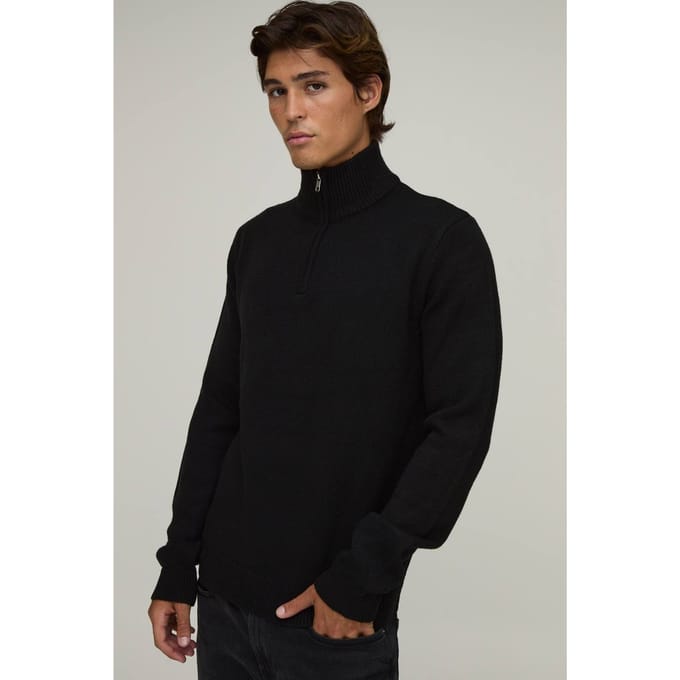 Regular Fit 1/4 Rits Gebreide Trui | Black | Size Large
