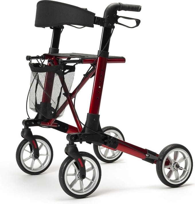 Rollator lichtgewicht model Quadri Light merk Vermeiren kleur rood DUBBEL INKLAPBAAR
