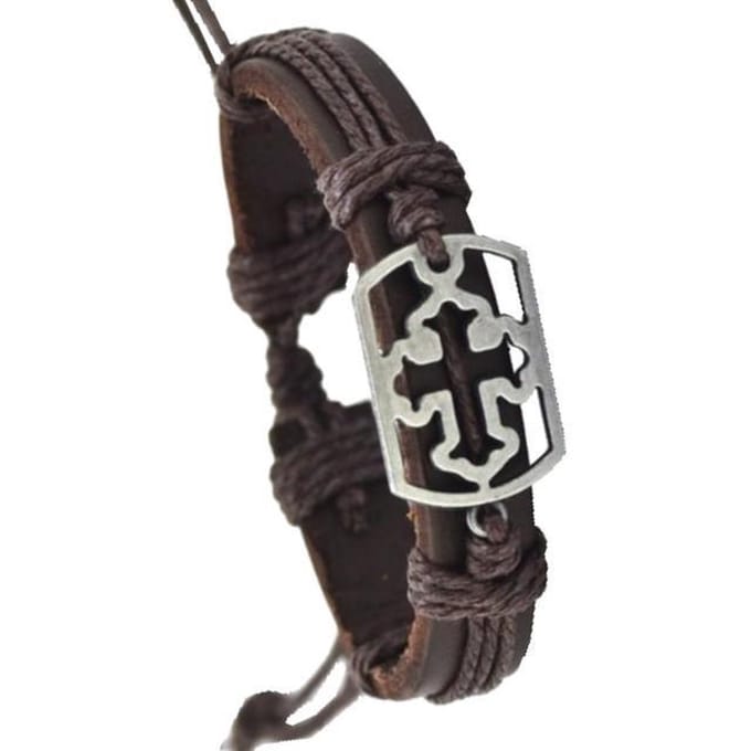 Fako Bijoux® - Leren Armband - Leder - Kruis Open Rechthoek - Bruin