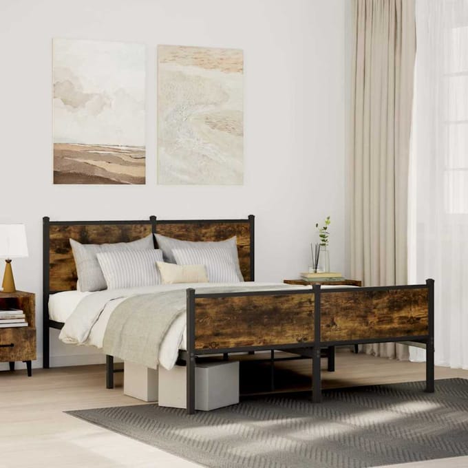 vidaXL - Bedframe - zonder - matras - metaal - gerookt - eikenkleurig - 150x200 - cm