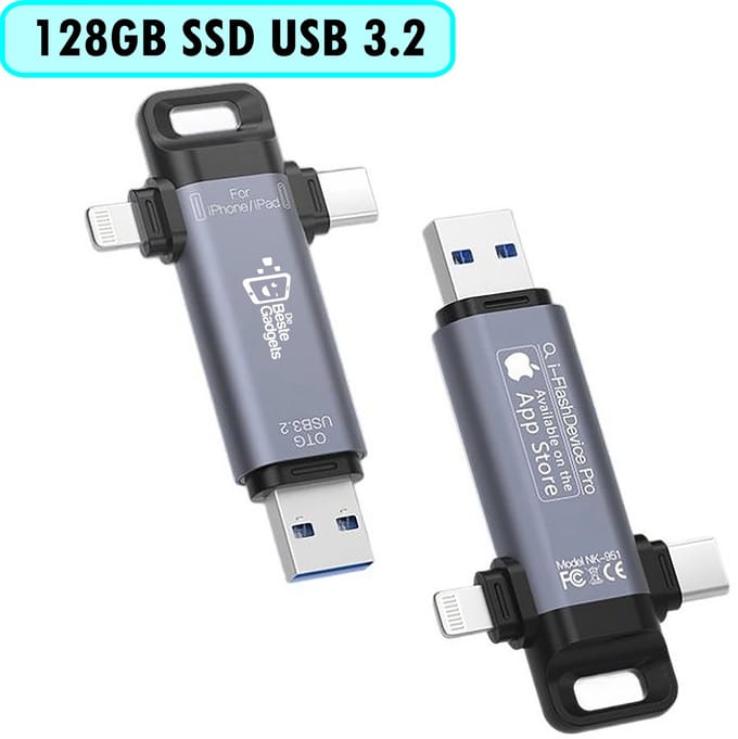 USB SSD Drive 128GB - USB-A/USB-C/Lightning - USB 3.2 - Geschikt voor iPhone/iPad, Android, Windows PC/Laptop