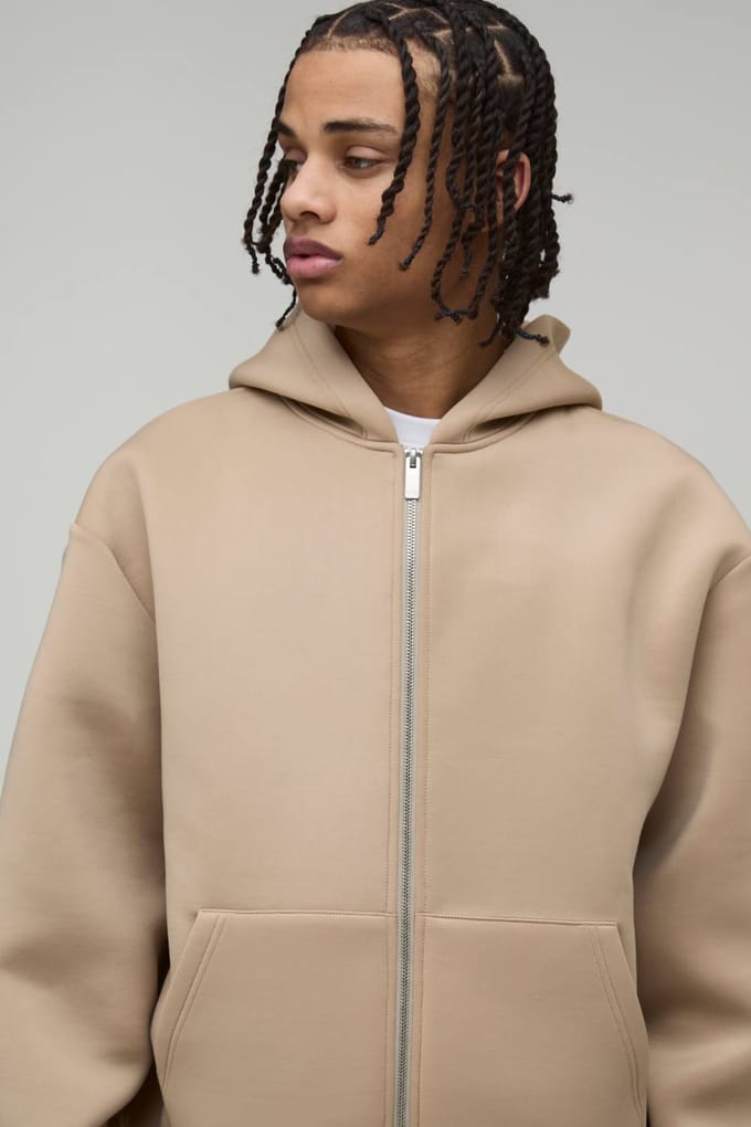 Oversized Boxy Bonded Scuba Zip Through Hoodie | Taupe | Size Medium
