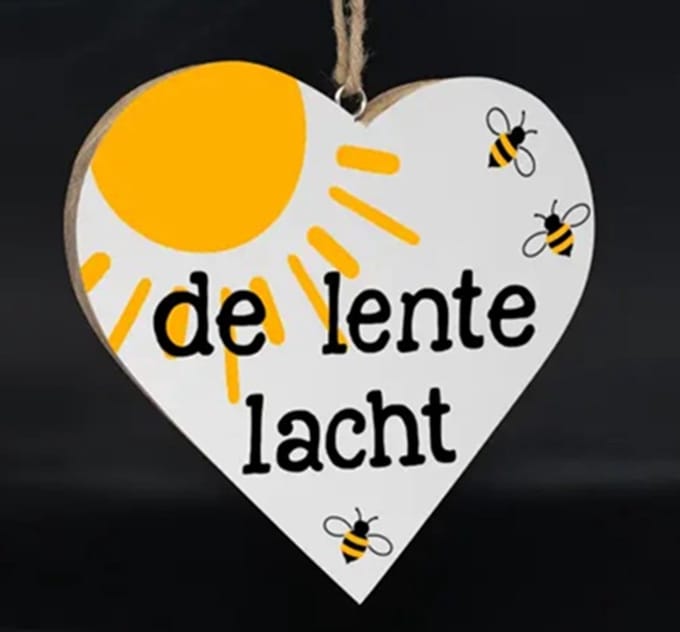 Teksthart xl hangend 25x25cm de lente lacht wit (zwart / geel)