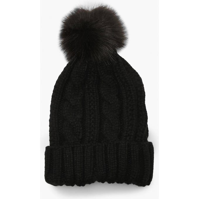 boohoo Dames Kabelgebreide Nep-Pompon Muts | Black