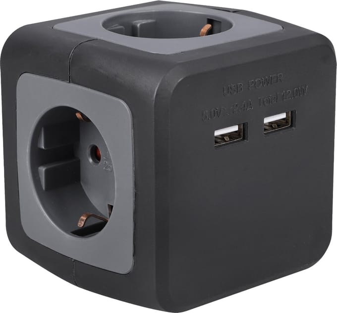 Q-Link stekkerdoos – 4–voudig – Powercube – randaarde – 2 x USB – 3 x 1.5 mm² – 1.5 m – zwart – grijs