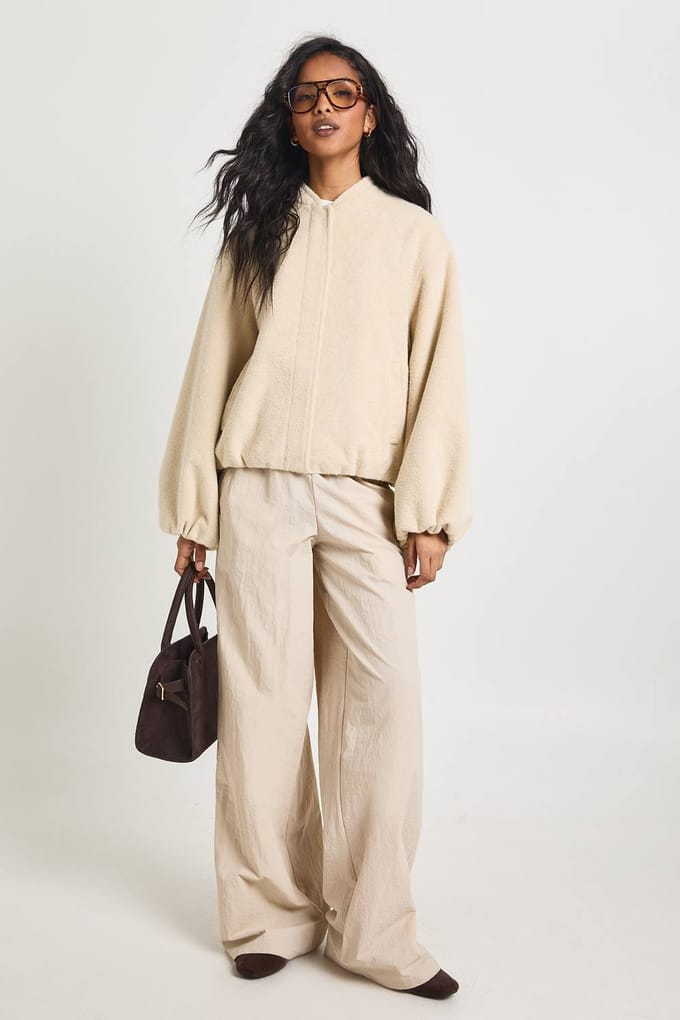 boohoo Dames Ballonmouw Wol-Look Bomber Jacket | Steen | Maat: 40