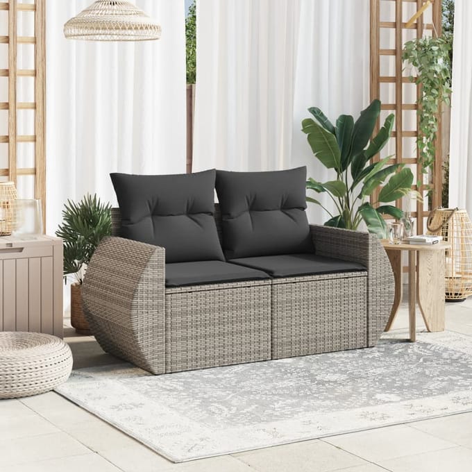 vidaXL - Tuinbank - 2-zits - met - kussens - poly - rattan - grijs