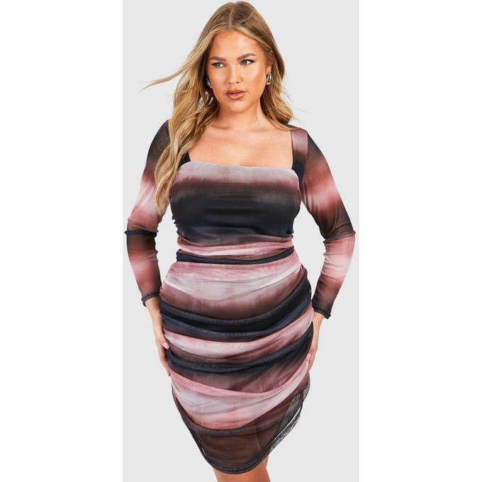 boohoo Dames Plus geprinte mesh bodycon jurk | Violet | Maat: 54