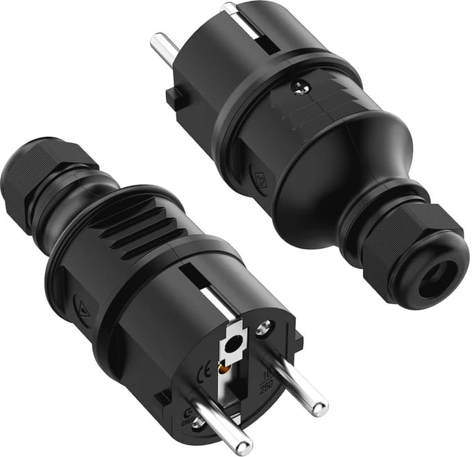 Geaarde Schuko Stekker 2 Stuks - Rubber 250V 16A met Knikbescherming voor Binnen- en Buitengebruik