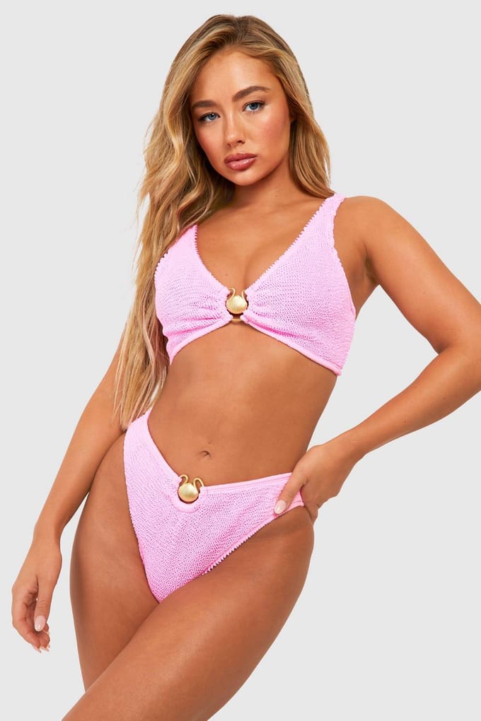 boohoo Dames Shell Trim Crinkle High Waist Bikini Brief | Roze | Maat: 34