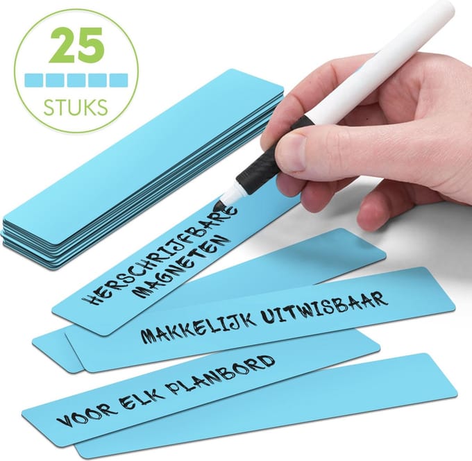 25 Whiteboard Magneten Balk 15 x 2,5 cm Blauw - Herschrijfbaar