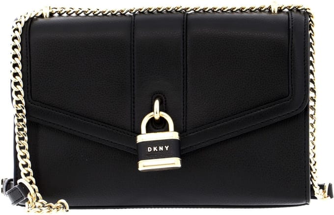 DKNY Leren Schoudertas Ella Shoulder Bag with Flap Blk / Gold Zwart
