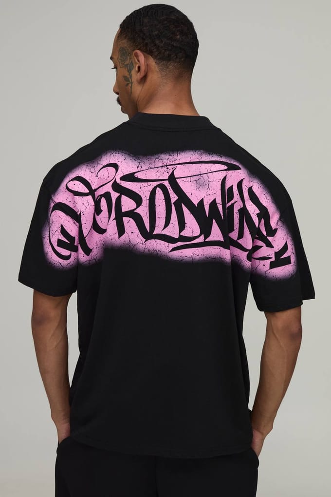 Zwart Oversized T-shirt Met Graffiti Print Over De Naden | Black | Size 2XL