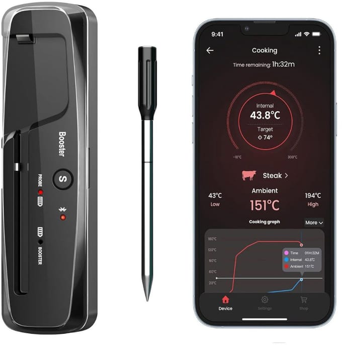 CRLYN® Draadloze Keukenthermometer - Slimme Vleesmeter - Intelligent Koken - Oplaadbaar Bamboe Station