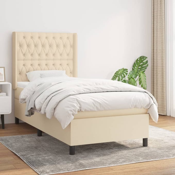 vidaXL - Boxspring - met - matras - stof - crèmekleurig - 90x200 - cm