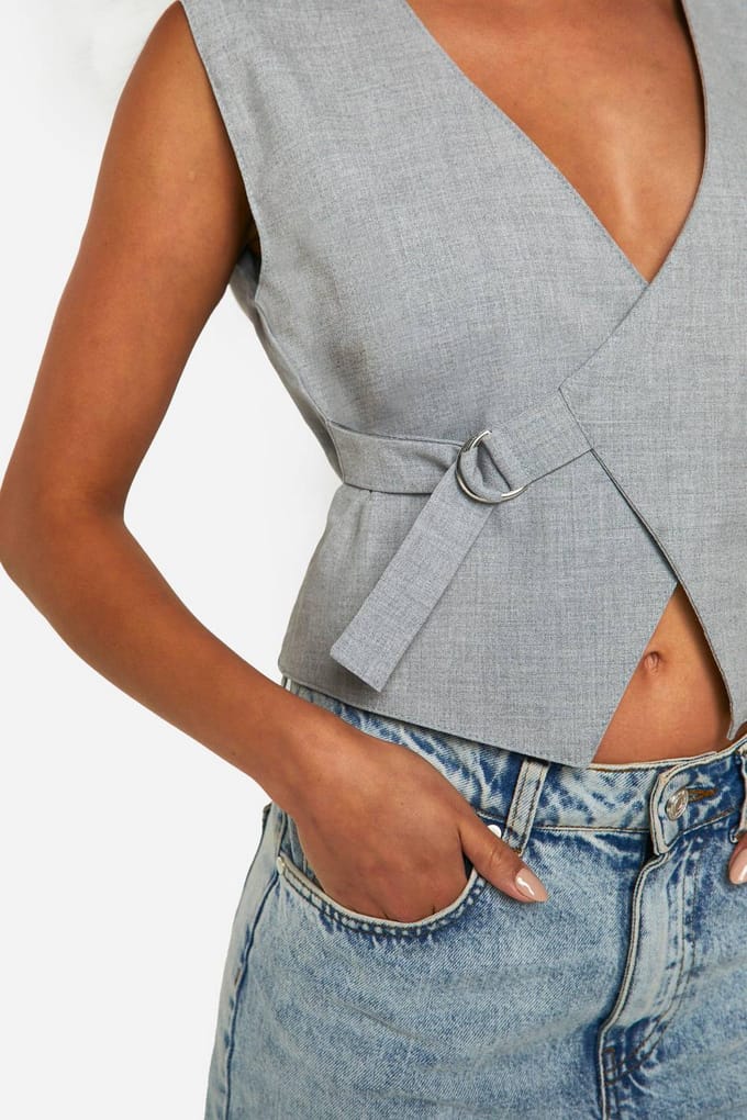 boohoo Dames Geweven Asymmetrische Taillevest met Zijband | Grey Marl | Maat: Small