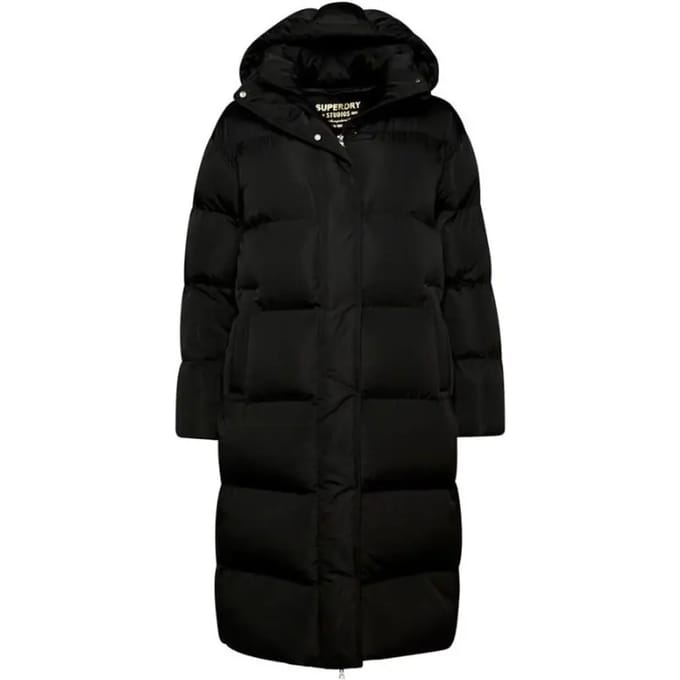 Superdry Longline Hooded Puffer Coat Dames Jas - Black - Maat L