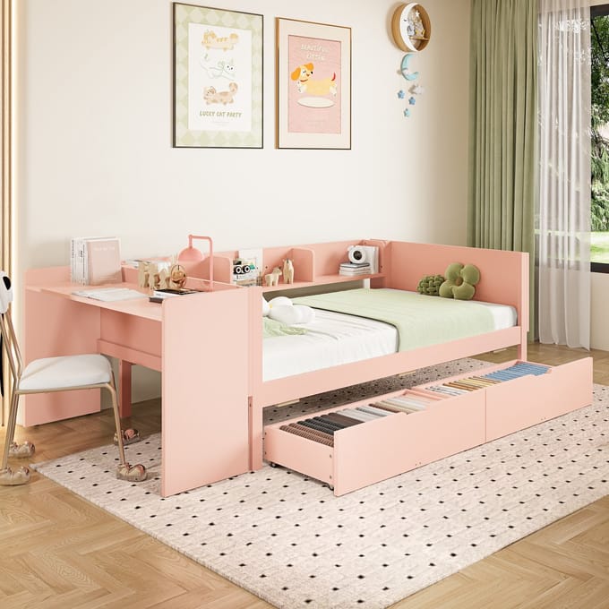 MODFU – Eenpersoonsbed met Bureau en 2 Lades – 90x200 cm – 3 Planken – Roze – Grenenhout