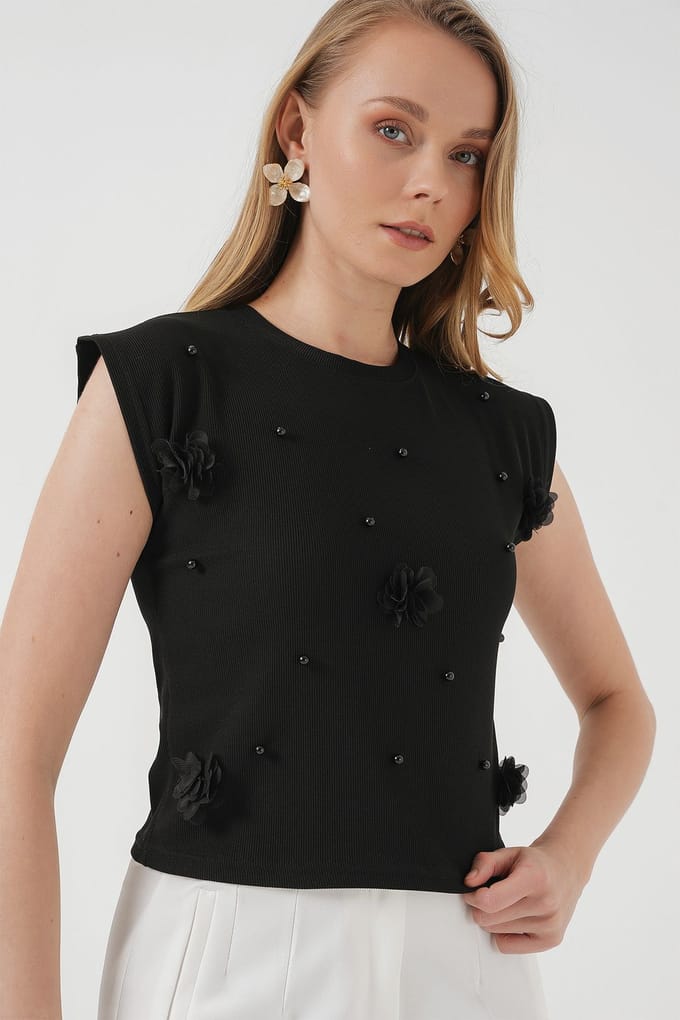 Geborduurd Crop Blouse met Ronde Hals