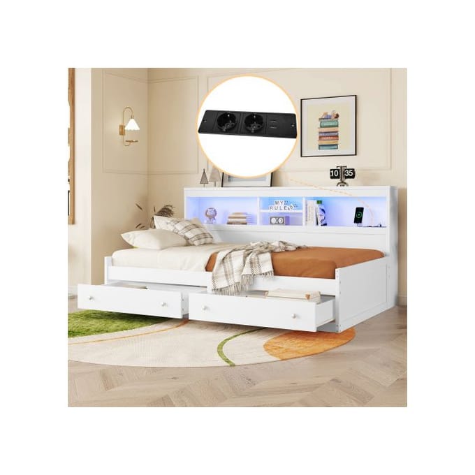 Lit de jour - MUVOE - 90x200 cm - Blanc - Avec lumière LED - 2 prises USB