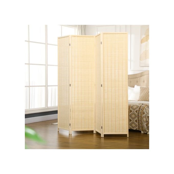 Paravent - MUVOE - 4 Panelen - Bamboe en Katoen - Opvouwbaar - 180 x 180 cm natuurlijk