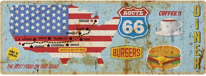 Signs USA - retro wandbord - dibond - Route 66 map - 55 x 20 cm