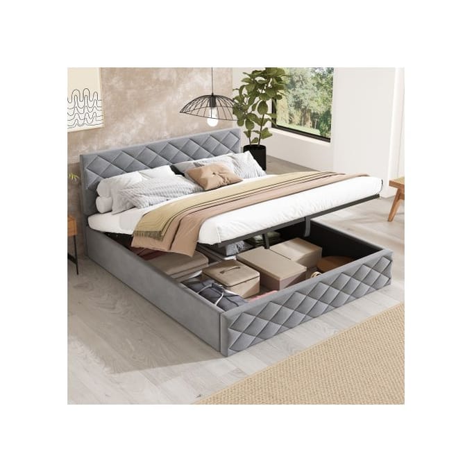 Gestoffeerd bed - MUVOE - 140x200 cm - Hydraulische functie - Opbergruimte - Elegant design grijs