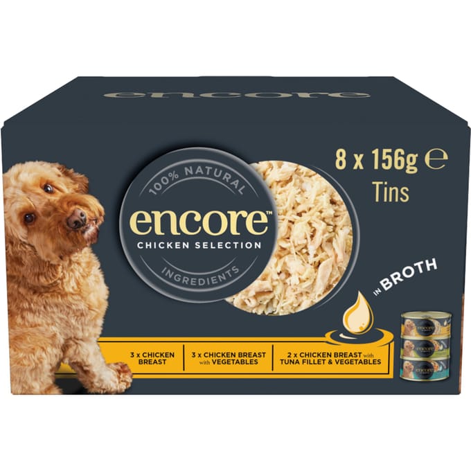 8x156g Kip selection Encore blikmix in bouillon Natvoer voor honden