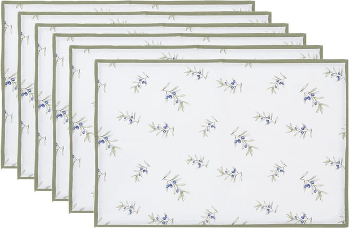 Clayre & Eef Placemats Set van 6 48x33 cm Wit Katoen Olijven