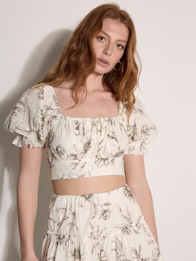 Crop top van katoen met bloemenbroderie