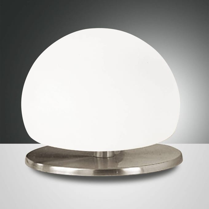 Fabas Luce Tafellamp Morgana, nikkel / wit, aanraakdimmer, 3.000 K