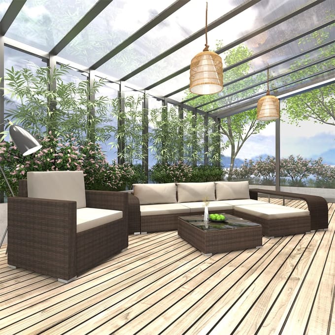 vidaXL - 8-delige - Loungeset - met - kussens - poly - rattan - bruin