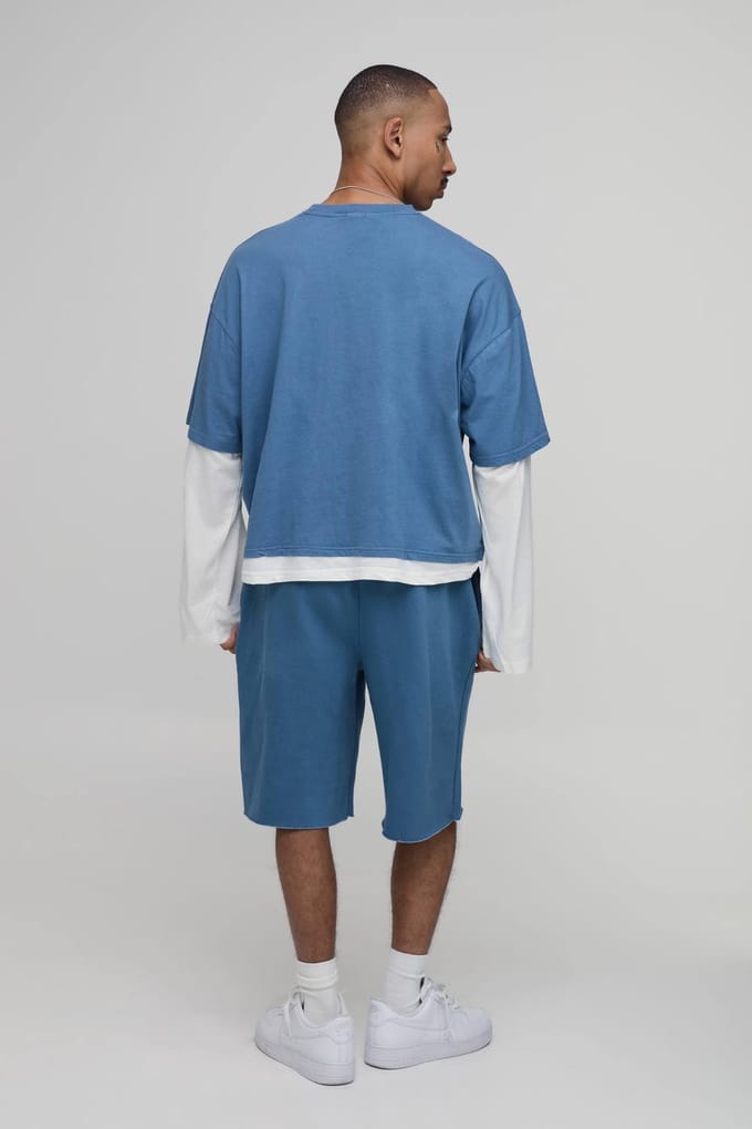 Oversized Ruime B Applicatie Faux Laag Gewassen T-shirt En Short Set | Blue | Size Medium