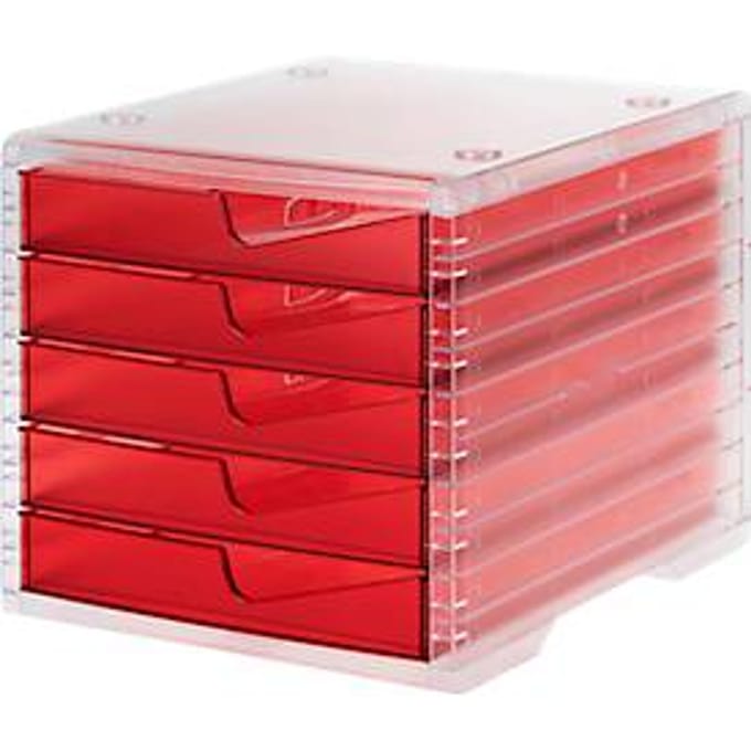 Ladebox styro® styroswing light, 5 laden, uittrekstop & verzonken greep, stapelbaar, B 270 x D 340 x H 255 mm, polystyreen, transparant-cranberry