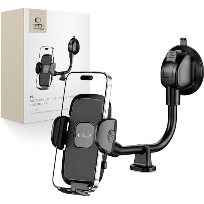Support de voiture Tech-Protect V3 à bras long universel pour pare-brise et tableau de bord Noir