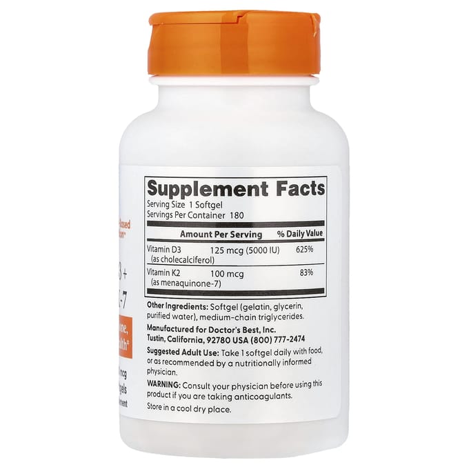 Doctor's Best, Vitamine D3 + K2 MK-7, 180 Gélules Molles