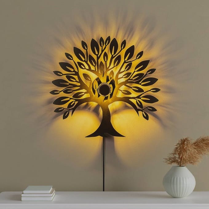 Opviq Wandlamp Heart Tree V2, zwart, metaal, stekker, schakelaar