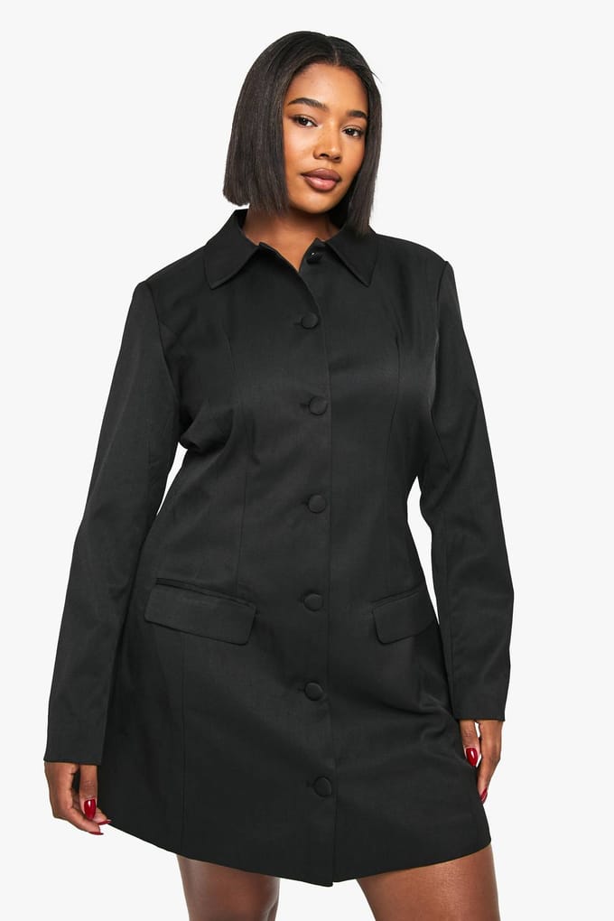 boohoo Dames Plus Button Down Kraag Getailleerde Jurk | Black | Maat: 16