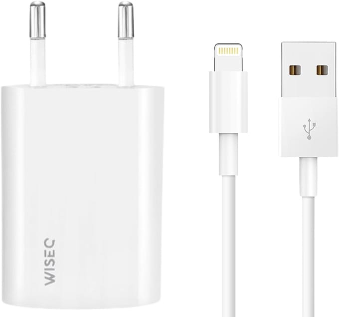 USB oplader geschikt voor Apple iPhone 14 / 13 / 12 / 11 - inclusief USB naar Lightning kabel - wit - WiseQ