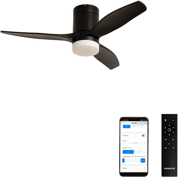 CREATE - Stille 40W plafondventilator met technische ABS bladen (Ø112cm) (ruimtes ≤10m²) - Zwart - Met licht - WIFI+Afstandsbediening - WIND CALM
