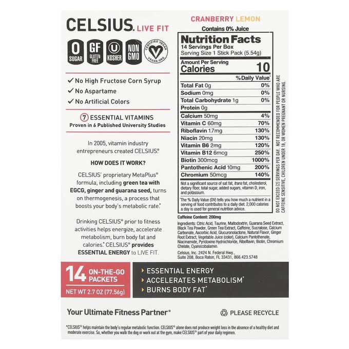 Celsius, Live Fit, Cranberry Citroen, Draagbaar Pak van 14, 0,2 oz (5,54 g) elk
