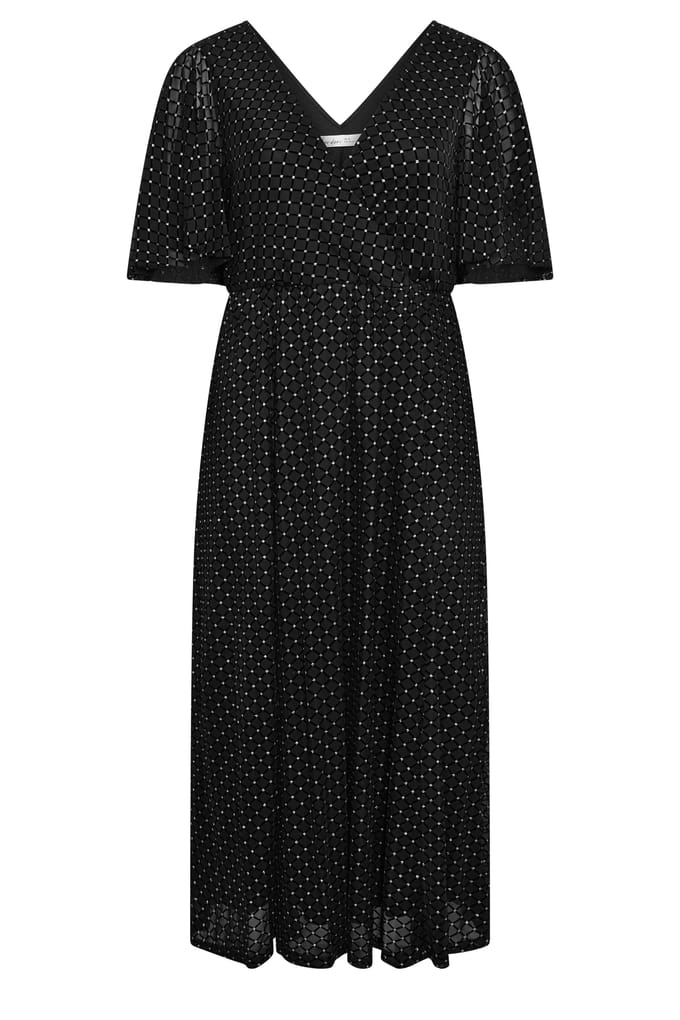 Yours London Zwarte Wikkeljurk Van Mesh Met Glitters Size 48