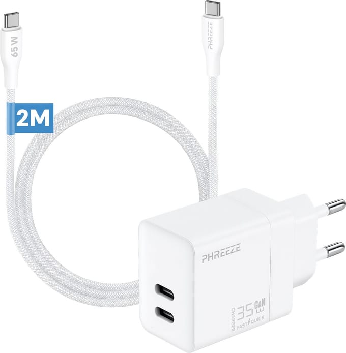 Phreeze usb C oplader 35w met usb C naar usb C kabel 2 meter - GaN charger met 2 usb C poorten - Power Delivery snellader