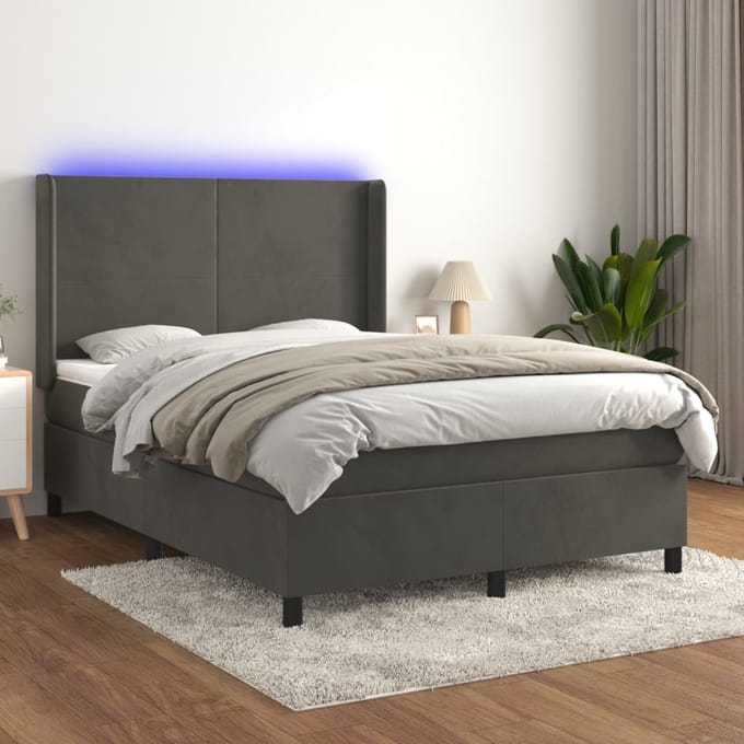 vidaXL - Boxspring - met - matras - en - LED - fluweel - donkergrijs - 140x200 - cm