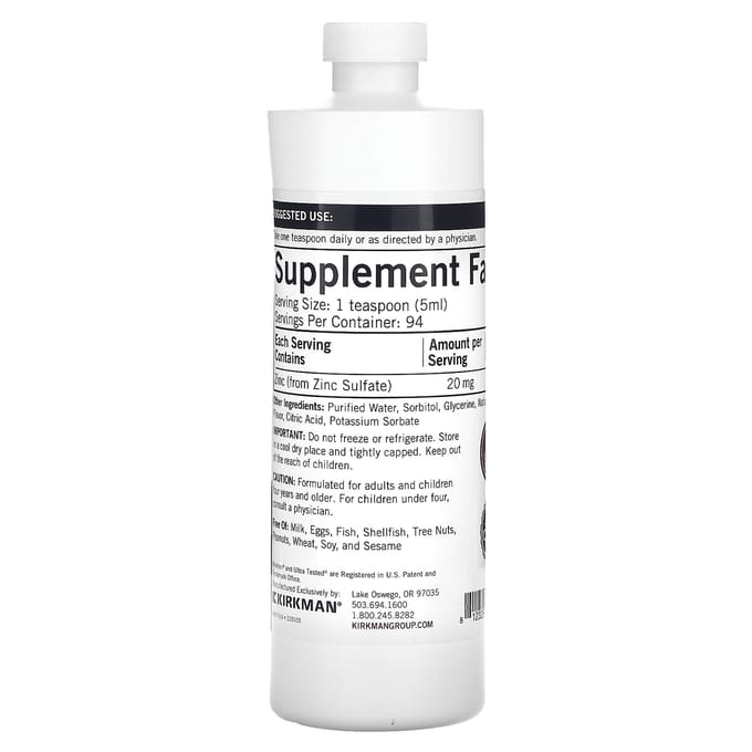 Kirkman Labs, Zinc Liquide, Framboise Naturelle, 16 oz (473ml)