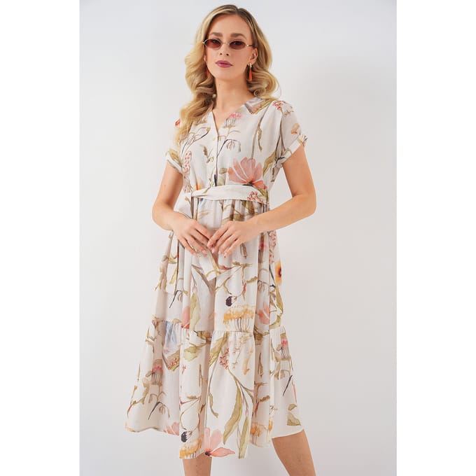 Bloemige V-hals Midi-jurk met Strik