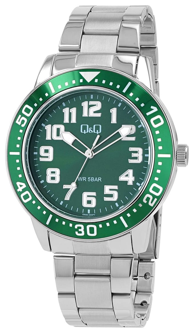 Q&Q-model Q60b-003py-Herenhorloge-diameter 45 mm-5 atm waterdicht-stoer model-staal-groen/zilver