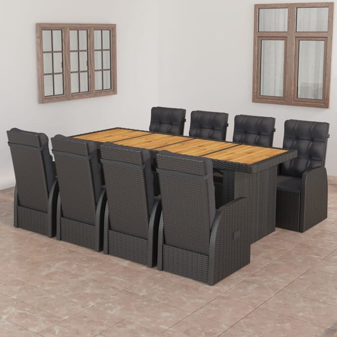vidaXL - 9-delige - Tuinset - met - kussens - poly - rattan - zwart
